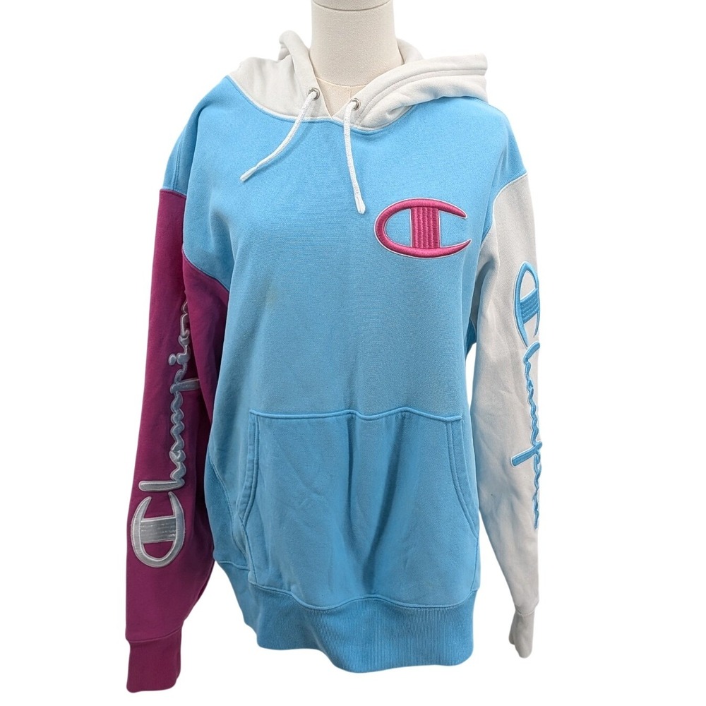 Champion Reverse Weave Hoodie Large Blue Pink White Big Logo Embroidered Y2K
